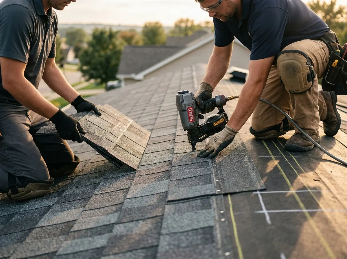 Professional roofer working on a residential roof in Canyon